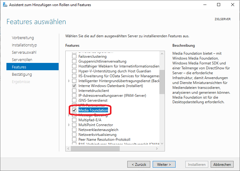 Assistent zum Hinzufügen von Rollen und Features